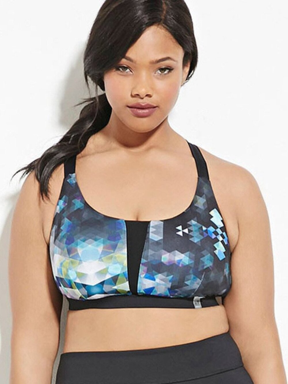 Forever 21 Plus Size Black Multi Mesh Printed Strappy Sports Bra Top 0X/1X